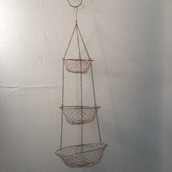 Vintage 3 tier hanging round metal copper color fruit vegetable hanger not hung - Picture 2 of 12